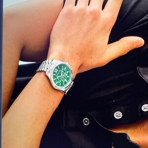 Silver Watch with Green Dial